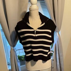 Black and White Striped Zip-Up Sweater Vest
